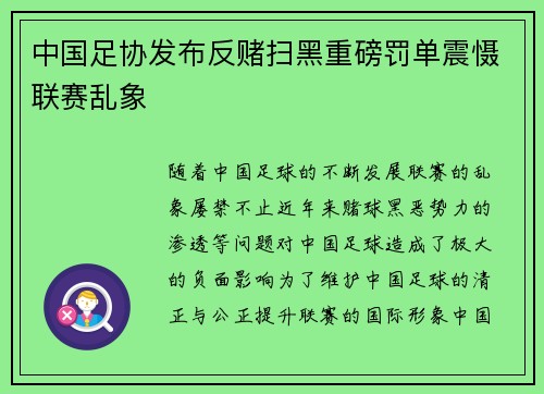 中国足协发布反赌扫黑重磅罚单震慑联赛乱象